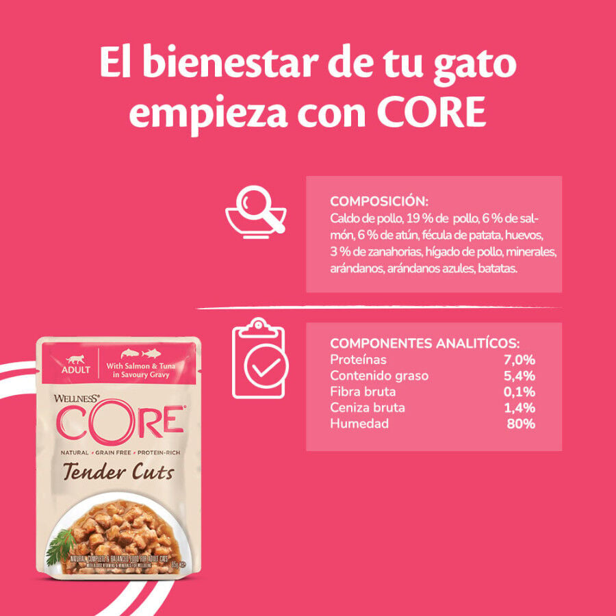 Wellness Core Tender Cuts salmón y atún sobre en salsa para gatos, , large image number null